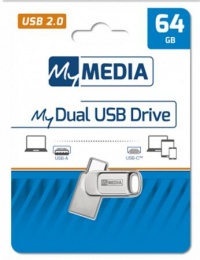 Pendrive, 64GB, USB 2.0 + USB-C, alumínium ház, MYMEDIA "Dual" (by VERBATIM)